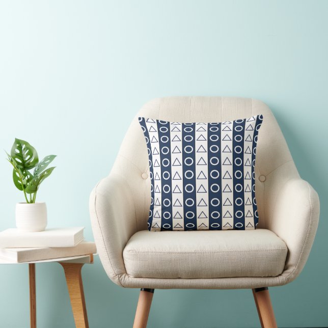 Blue White Stripes Circle Triangle Pattern Throw Pillow (Chair)