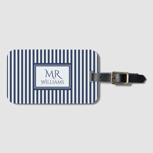 Blue & White Stripes Custom Name Luggage Tag (Front Horizontal)
