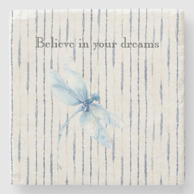 Blue White Stripes Dragonfly Believe Stone Coaster (Front)