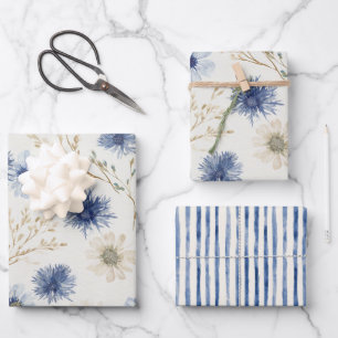 Blue White Stripes Floral Bridal Shower Wrapping Paper Sheet