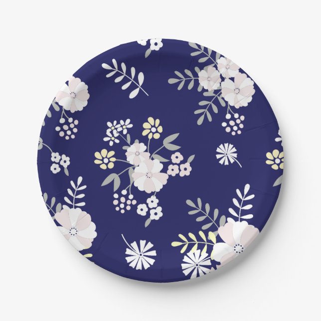 Blue & White Stripes Floral Paper Plate (Front)