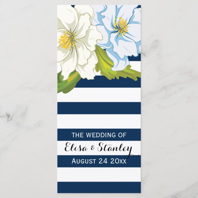 Blue white stripes, flowers modern wedding program (Front)