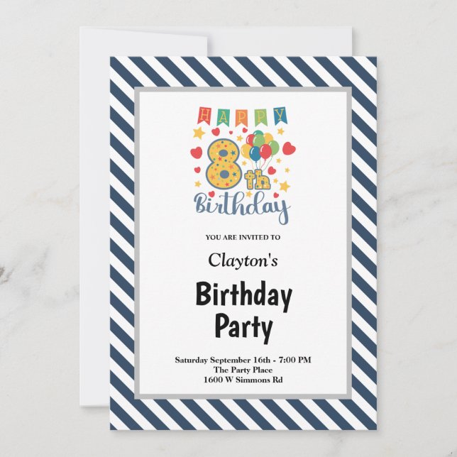 Blue/White Stripes Framed 8th Birthday Party Invitation (Front)