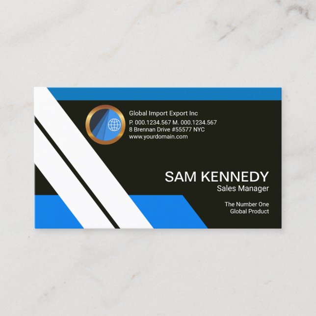 Blue White Stripes Futuristic Sales Manager Business Card (Front)