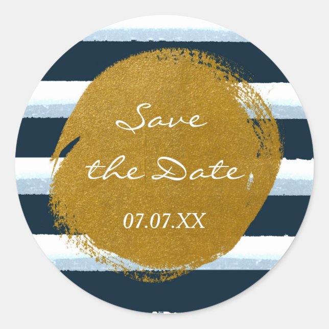 Blue White Stripes & Gold Foil Watercolor Sticker (Front)