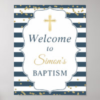 Blue White Stripes Gold Glitter Baptism Welcome