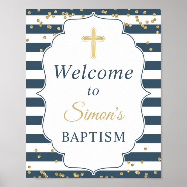 Blue White Stripes Gold Glitter Baptism Welcome Poster (Front)