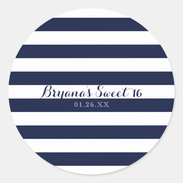 Blue & White Stripes Modern Striped Custom Favour Classic Round Sticker (Front)