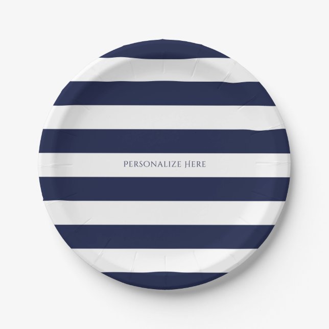 Blue & White Stripes Modern Striped Personalized Paper Plate (Front)