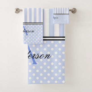 Blue & White Stripes Monogram   Bath Towel Set