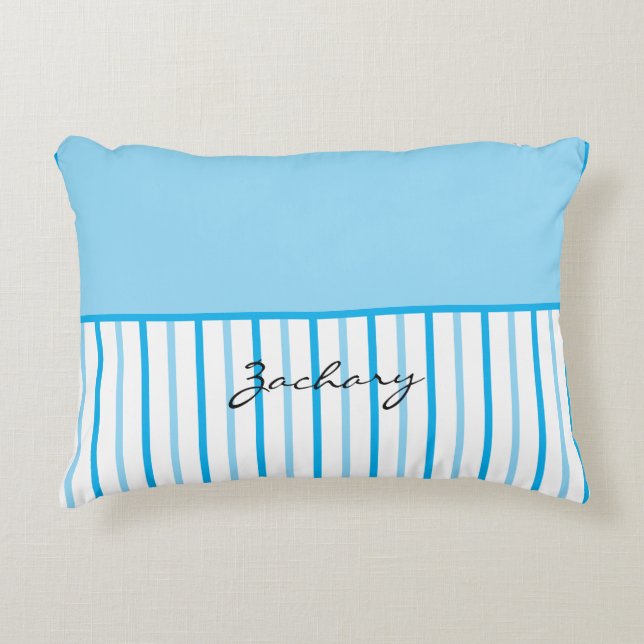 Blue White Stripes Name Accent Pillow (Front)