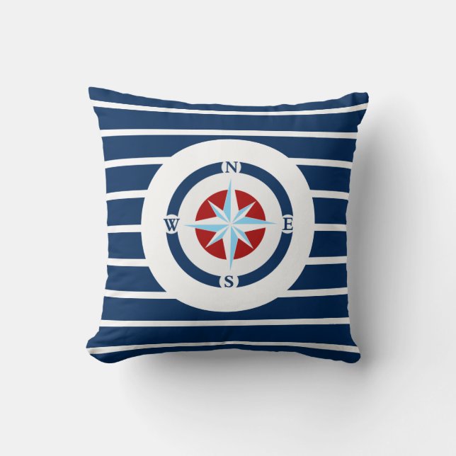 Blue White Stripes Nautical Compass Throw Pillow (Front)