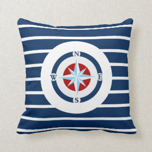 Blue White Stripes Nautical Compass Throw Pillow