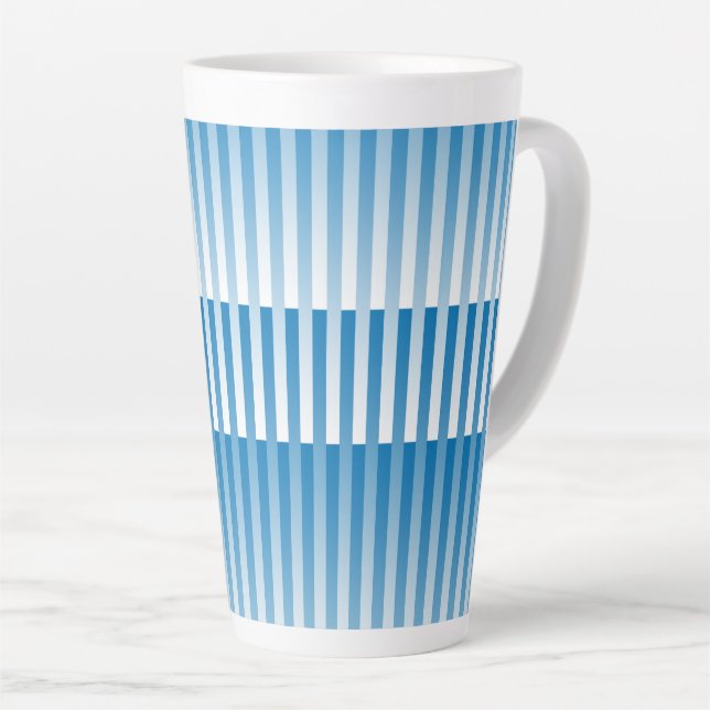 Blue White Stripes Pattern Latte Mug (Right Angle)