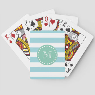 Blue White Stripes Pattern, Mint Green Monogram Playing Cards