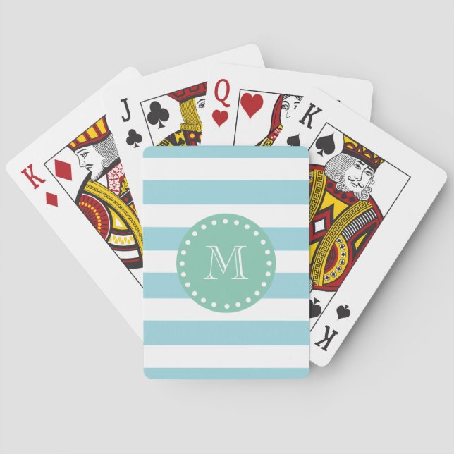 Blue White Stripes Pattern, Mint Green Monogram Playing Cards (Back)