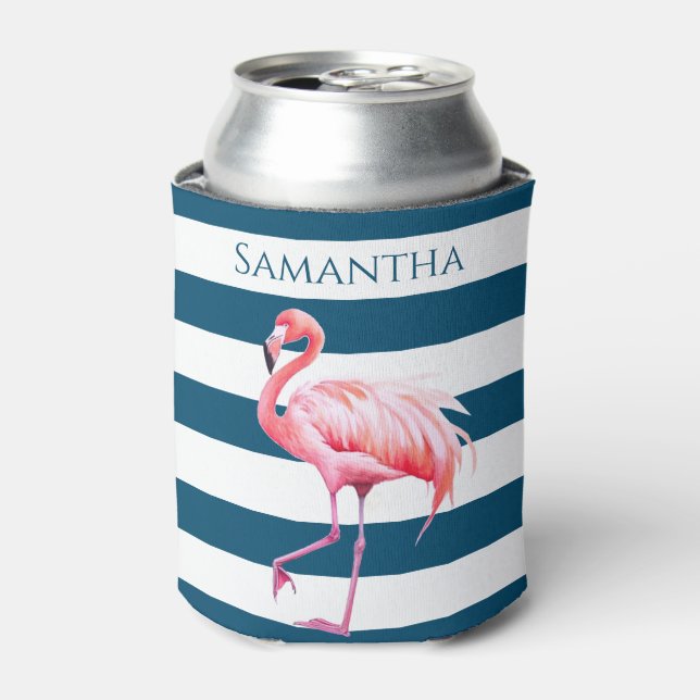Blue White Stripes Pink Flamingo Personalized Name Can Cooler (Can Front)