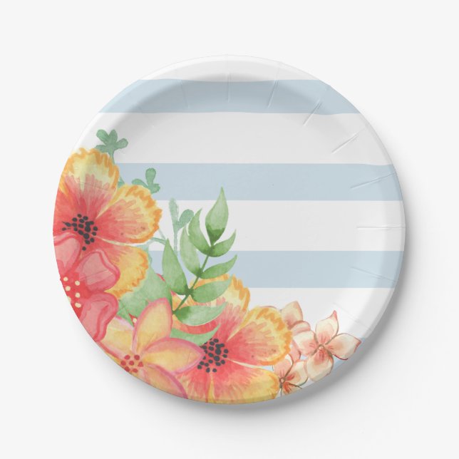 Blue & White Stripes Pink Floral Paper Plate (Front)