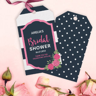 Blue White Stripes Pink Roses Bridal Shower Gift Tags