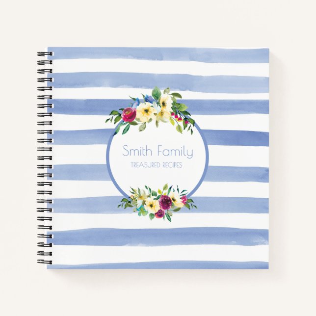 Blue White Stripes Purple Yellow Floral Recipe Notebook (Front)