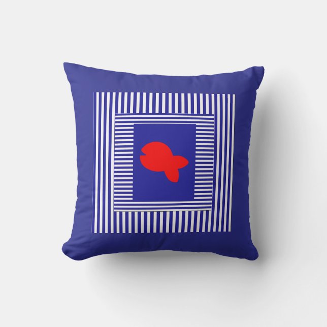 Blue White Stripes Red Fish  Centre Throw Pillow (Front)