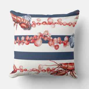 BLUE & WHITE STRIPES & RED LOBSTERS & SEASHELLS THROW PILLOW