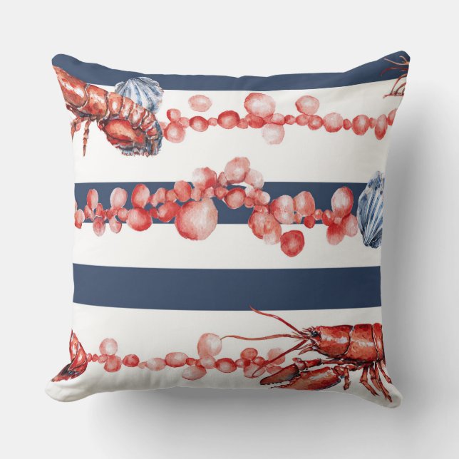 BLUE & WHITE STRIPES & RED LOBSTERS & SEASHELLS THROW PILLOW (Front)