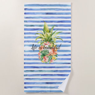 Blue White Stripes Tropical Floral Pineapple Beach Towel