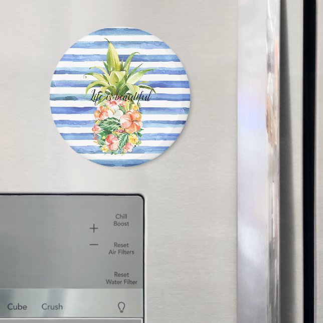 Blue White Stripes Tropical Floral Pineapple Magnet (In Situ (Fridge))