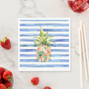 Blue White Stripes Tropical Floral Pineapple Napkin