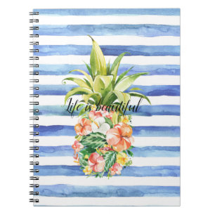 Blue White Stripes Tropical Floral Pineapple Notebook