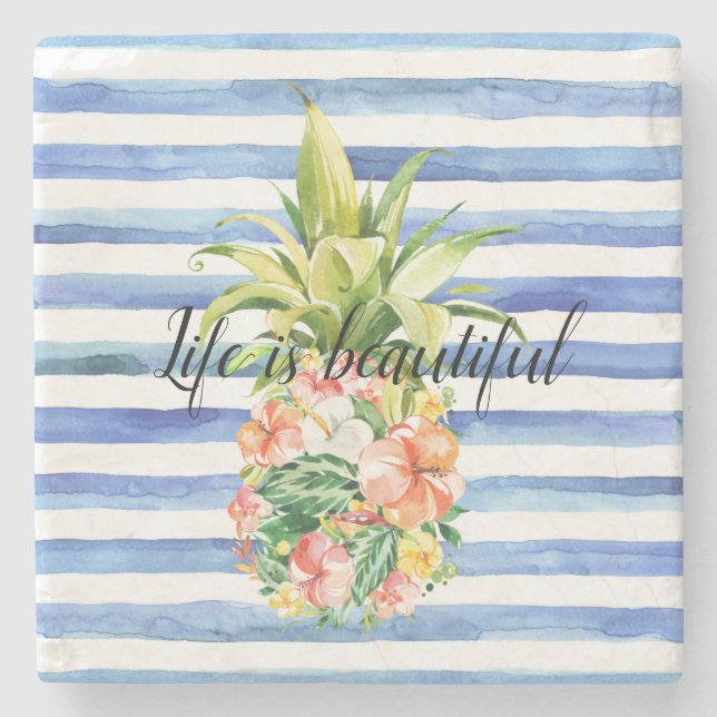 Blue White Stripes Tropical Floral Pineapple Stone Coaster (Front)