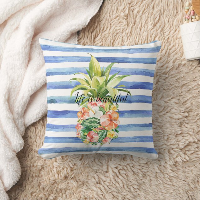 Blue White Stripes Tropical Floral Pineapple Throw Pillow (Blanket)