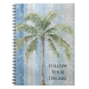 Blue White Stripes Tropical Palm Tree Sparkle Notebook
