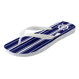 Blue & White Stripes With Nautical Boat Wheel 2 Flip Flops