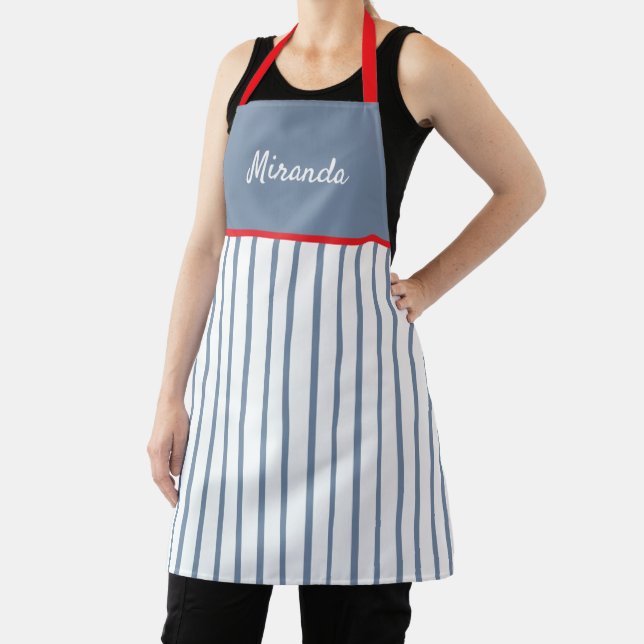 Blue & White Stripes With Red Trim Personalized Apron (Insitu)