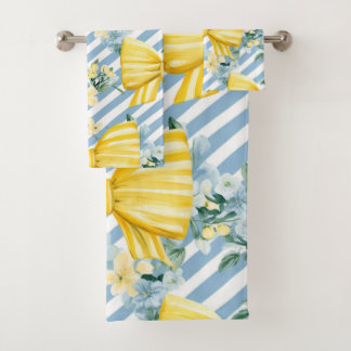 BLUE & WHITE STRIPES YELLOW & WHITE BOWS BATH TOWEL SET