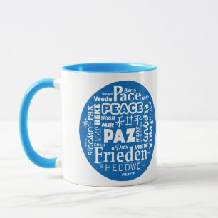 Blue/white styled mug peace in multiple languages
