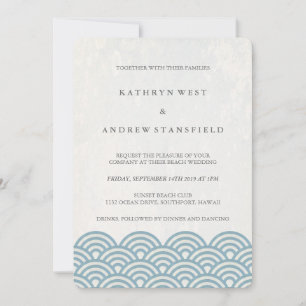 Blue + White Stylized Waves Elegant Beach Wedding Invitation