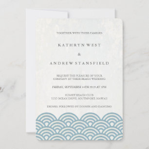 Blue + White Stylized Waves Elegant Beach Wedding Invitation