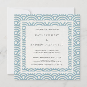 Blue + White Stylized Waves Elegant Beach Wedding Invitation