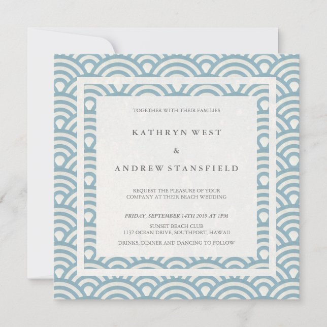Blue + White Stylized Waves Elegant Beach Wedding Invitation (Front)