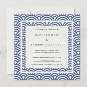 Blue + White Stylized Waves Elegant Beach Wedding Invitation