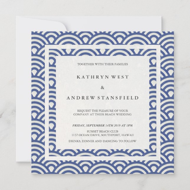 Blue + White Stylized Waves Elegant Beach Wedding Invitation (Front)