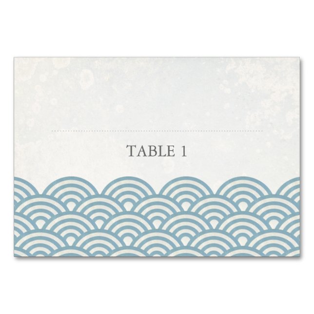 Blue+White Stylized Waves Flat Place Name Card (Front)