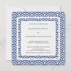 Blue + White Stylized Waves Modern Beach Wedding Invitation