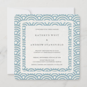 Blue + White Stylized Waves Modern Beach Wedding Invitation