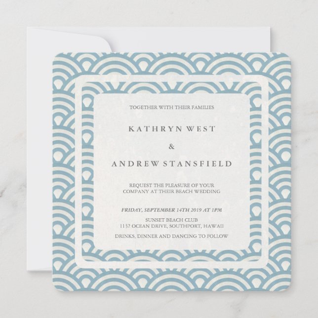 Blue + White Stylized Waves Modern Beach Wedding Invitation (Front)