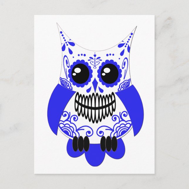 Blue White Sugar Skull Owl Postcard (Front)