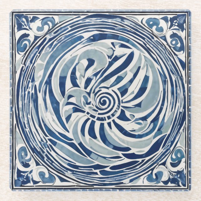 Blue White Swirl Pattern 02 Glass Coaster (Front)